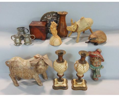 A mixed lot to include a fruitwood lidded box, the top carved with a rabbit, unusual pig made of velum and hide, a pair of po