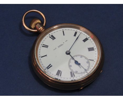 9ct Thomas Russell &amp; Sons of Liverpool pocket watch, the enamelled dial with Arabic numerals and subsidiary second dial, 