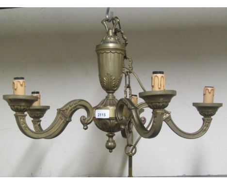 A cast gilt metal five branch hanging ceiling light/electrolier with acanthus detail, together with one other (2) 