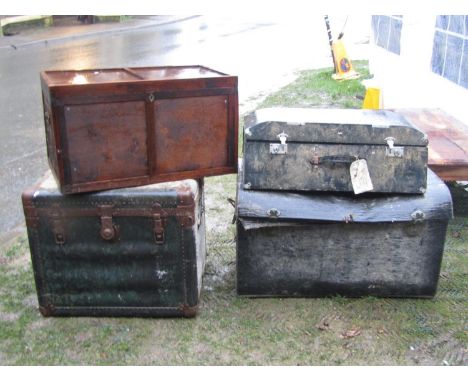 A vintage cabin trunk, two further vintage car trunks of varying size and design and a simple pine framed chest with hinged l