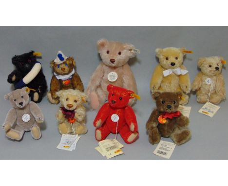 9 small Steiff teddy bears, all with pin in ear, includes 'Original' range Clown 29110, Millenium bear 29134, brown bear 0301