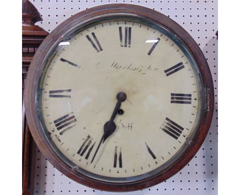19th century mahogany single fusee wall dial, painted enamel dial, indistinctly signed for Cardiff, 36 cm diameter 
