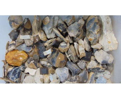 A box of miscellaneous archaic and prehistoric knapped flints including scrapers and other tools, together with a letter date
