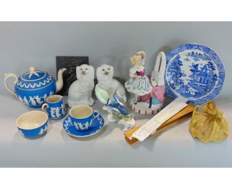 A mixed lot to include various ceramics, Staffordshire hounds, a Copeland Spode jasperware tea for one, a Wade figure of a be