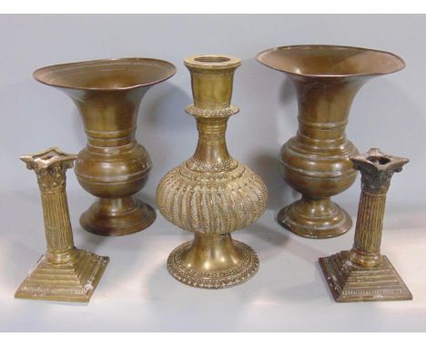 Eastern cast brass vase converted to a lamp, of baluster form with wrythen fluted bowl, 25 cm high, together with a further p