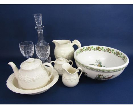 Good quality Waterford decanter and two goblets, the decanter 34 cm high; together with further Wedgwood Queensware three pie