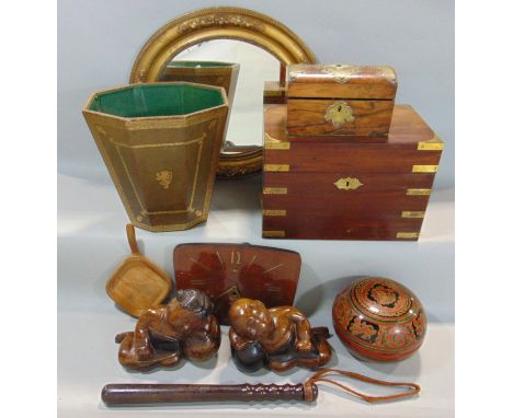 19th century mahogany and brass banded travelling box, Victorian walnut and overlaid domed tea caddy, oval gilt framed wall m