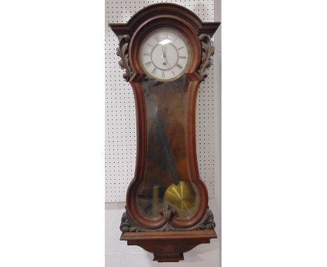 Victorian mahogany drop dial wall clock in lobe shaped case with acanthus mouldings, single train enamel  dial with enamel ch