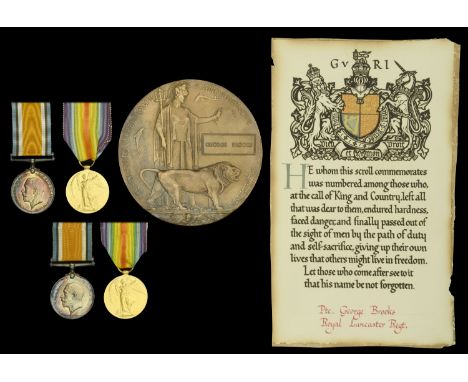 Family Group:   Pair: Private G. Brooks, Royal Lancaster Regiment, who was killed in action at Givenchy on 9 April 1918, on w