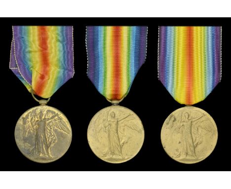 Victory Medal 1914-19 (3) (222 Gnr. Fazal Din. In. Coast Arty.; 1102 Civ-Sar. Ghulam Mohd, C.B.C.P.; 1366 Civ. Sar. Sher Baz,