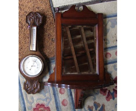 Mahogany wall mirror with shelf (one finial missing) &amp; barometer