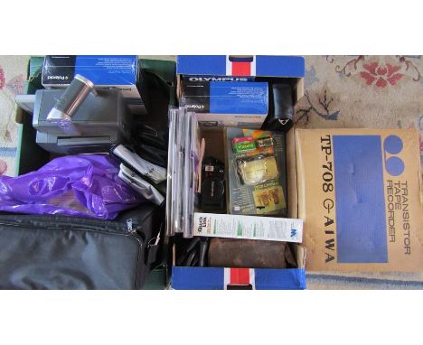 Various photographic related equipment etc inc Olympus AZ-300 superzoom camera, transistor tape recorder, Polaroid digital po