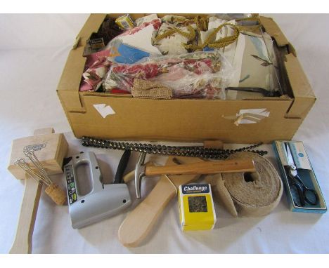 Various fabric samples and upholstery tools together with book and bag of stuffing (not shown in picture)