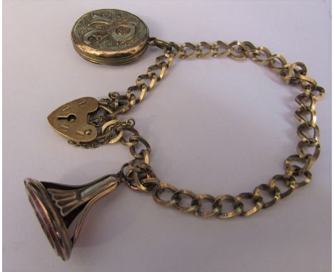 Tested as 9ct gold bracelet with 9ct gold locket and fob ('R' locket gold plated) total weight excluding the locket 13.3 g