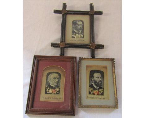 3 framed Stevengraph woven silk pictures - Rt Hon Lord R Churchill MP, Rt Hon W E Gladstone MP &amp; Charles Stewart Parnell 