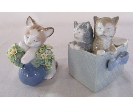 Lladro cat with a vase of flowers &amp; a Nao figure of two kittens in a basket