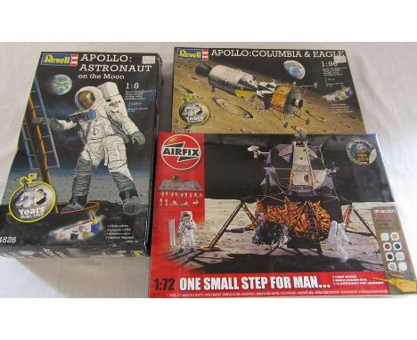 3 model kits by Revell &amp; Airfix inc One small step for man, Apollo: Astronaut on the moon &amp; Apollo: Columbia &amp; Ea