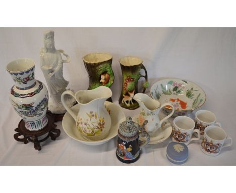 Various ceramic items including Withernsea vases, Oriental figure, German beer stein&nbsp;&nbsp;