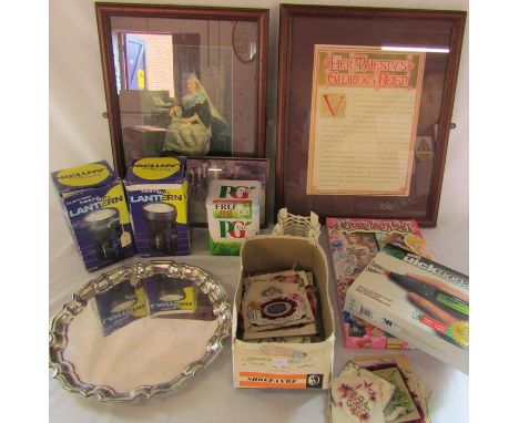 Various items inc silver plate tray, old greeting cards, heavy duty lanterns, quicktionary, Queen Victoria print etc