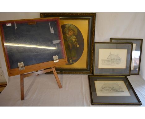 Kate Greenaway style print of a girl, 3 pencil drawings of Weekley village by B Starmer &amp; a small display cabinet on an e