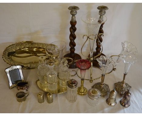 Selection of silver plate etc including specimen vases, salt &amp; pepper pots etc &amp; a silver trowel page marker&nbsp;