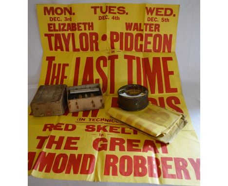 4 cinema posters from the 1950's from the Bonington Cinema in Arnold Nottingham, film splicer &amp; a projector lens&nbsp;