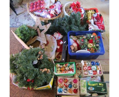 Large quantity of Christmas decorations inc vintage baubles, nativity, tree, wreaths, modern decorations etc