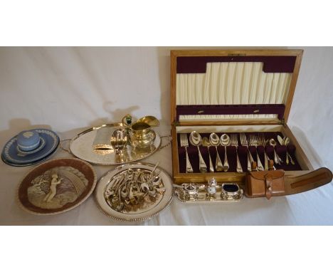 Part canteen of cutlery, various silver plate, including a condiment set, collectors plates, Wedgwood Jasperware &amp; an Alc