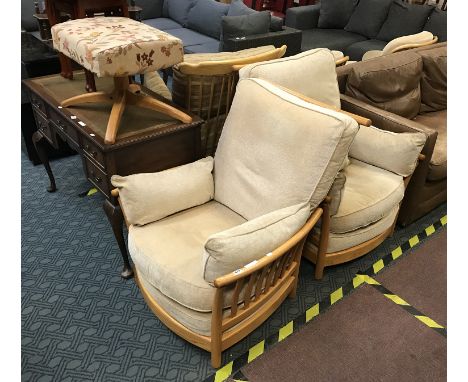 PAIR ERCOL EASY CHAIRS &amp; FOOTSTOOL