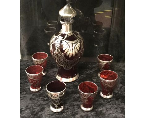CRANBERRY GLASS OVERLAID DECANTER &amp; SIX GLASSES