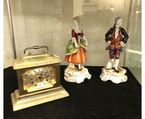TWO CONTINENTAL FIGURES &amp; MANTLE CLOCK - ONYX &amp; BRASS