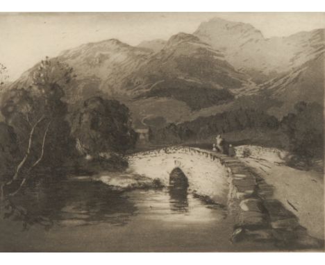 Edward Popple (English School, 20th century) Langdale Pikes signed, aquatint etching, 17cm x 21cm
