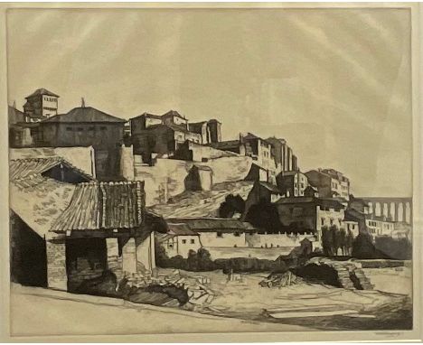 William Strang (Scottish 1859 - 1921), Old walls and Roman Viaduct Segovia, etching, signed in pencil, titled to mount, 28cm 