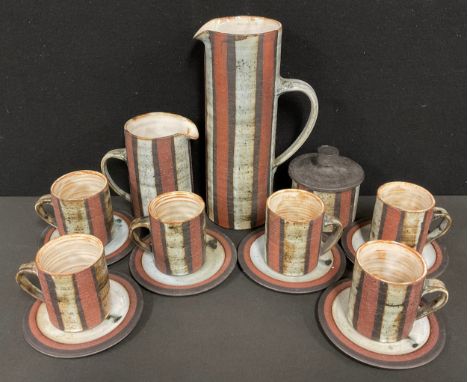 A Briglin Pottery studio coffee service, banded in tones of brown, and grey, the pitcher 26cm high