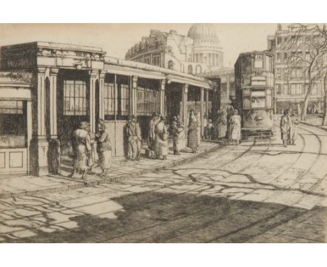 J. Chamberlain (English School, mid-century) Morning in the City signed, etching, 16cm x 23cm