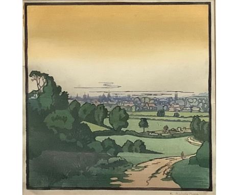 K Aubrey Moore (20th century), Landscape, colour woodcut, signed in pencil, 25.5cm x 25cm