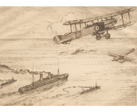 Robert Henry Smith (fl. 1906-1930) Convoy with Supporting Planes signed, etching, 19cm x 23cm
