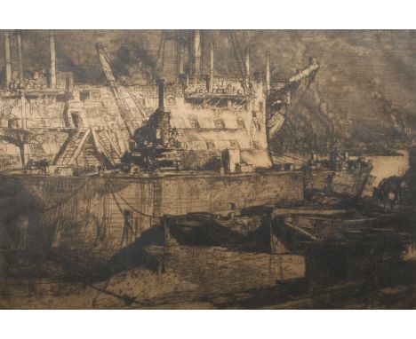 Frank Brangwyn (1867-1956) Welsh Harbour Scene signed, etching, 61cm x 86cm