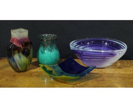 A Patrick Lepage studio glass vase, 24.5cm high; a Gusmbhorg Danum art glass dish, 23cm wide, signed, dated 1997; a Monart va