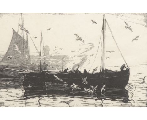 George Soper RE (1870-1942) Fishing Boat with Seagulls signed, 7/50, etching, 15cm x 19cm