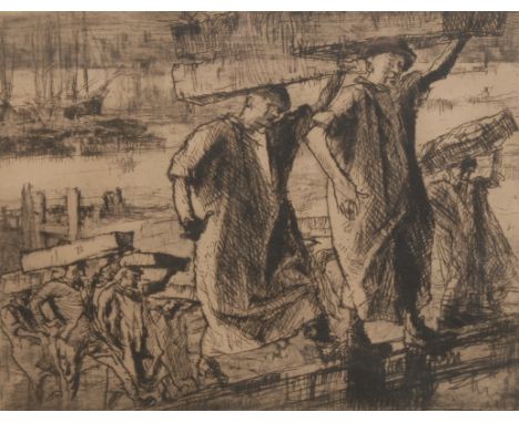 Frank Brangwyn (1857-1956) Fish Porters.  signed, etching, 30cm x 36cm