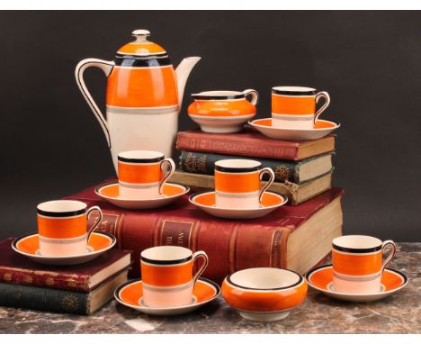 A Gray's Pottery Art Deco coffee service for six, comprising coffee pot, cans, saucers, cream jug and sugar basin, each bande