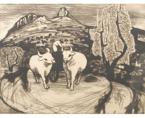 Julian Trevelyan (1910-1988) Oxen in Sardinia signed, 10/20, etching, 37.5cm x 50cm