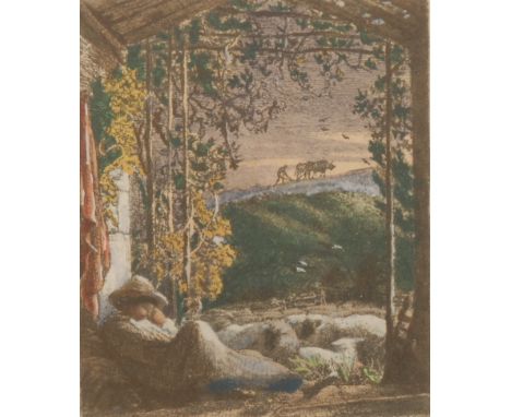 Samuel Palmer (1805 - 1881), after, Sleeping Shepherd, colour print, 11cm x 9cm, maple frame