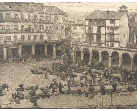 Sydney Lee (1866-1949) Wet Morning on Segovia Market signed, dated 1908, zinc etching, 42cm x 49cm