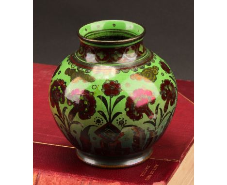 A Pilkington's Royal Lancastrian lustre pottery ovoid vase, decorated by Richard Joyce, with flowers on a green ground, 12cm 