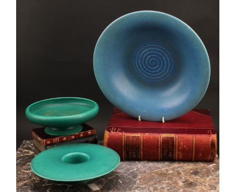 A Pilkington's Royal Lancastrian circular dish, glazed in tones of mottled blue, 33.5cm diameter, impressed mark; others (3)