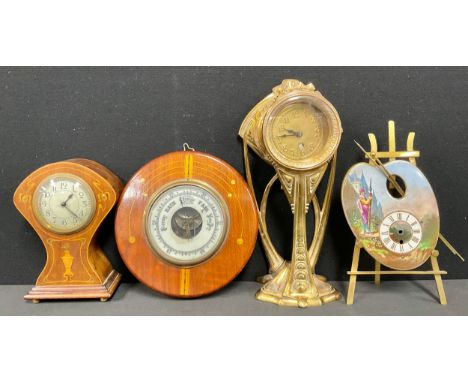 An Art Nouveau mahogany and marquetry mantel timepiece, 8.5cm convex enamel dial inscribed with Arabic numerals, key-wound mo