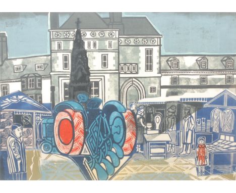 Edward Bawden (1903-1989) The Blue Tractor signed, linocut, 64cm x 88cm
