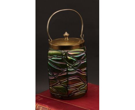 An Art Nouveau glass biscuit barrel, probably Pallme König, in the manner of Lötz, 19cm high overall